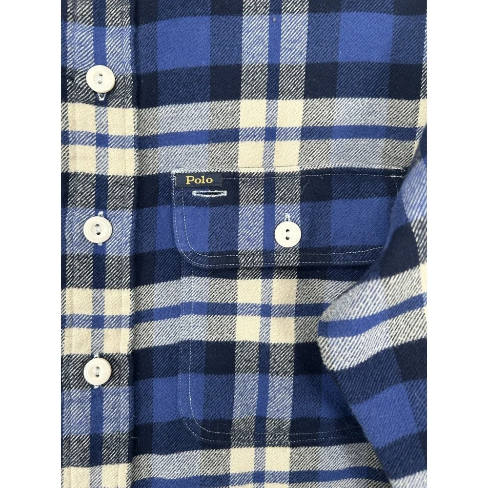 Polo Ralph Lauren Flannel Shirt Men Small White Blue Plaid Performance Button Up